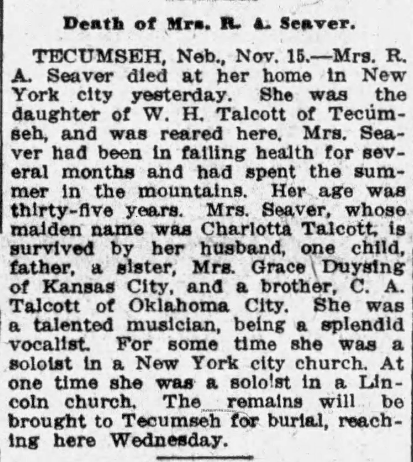 GeneaMusings Seavers in the News Mrs. R.A. Seaver Dies in New York