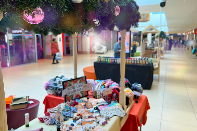 View of Christmas market stalls small businesses in Harlow