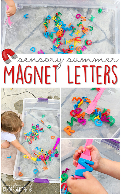 This summer make alphabet soup with magnetic letters, magnet wands, water and get ready for lots of fun and exploration! This is the perfect outdoor activity for summer tot school, preschool, or kindergarten!