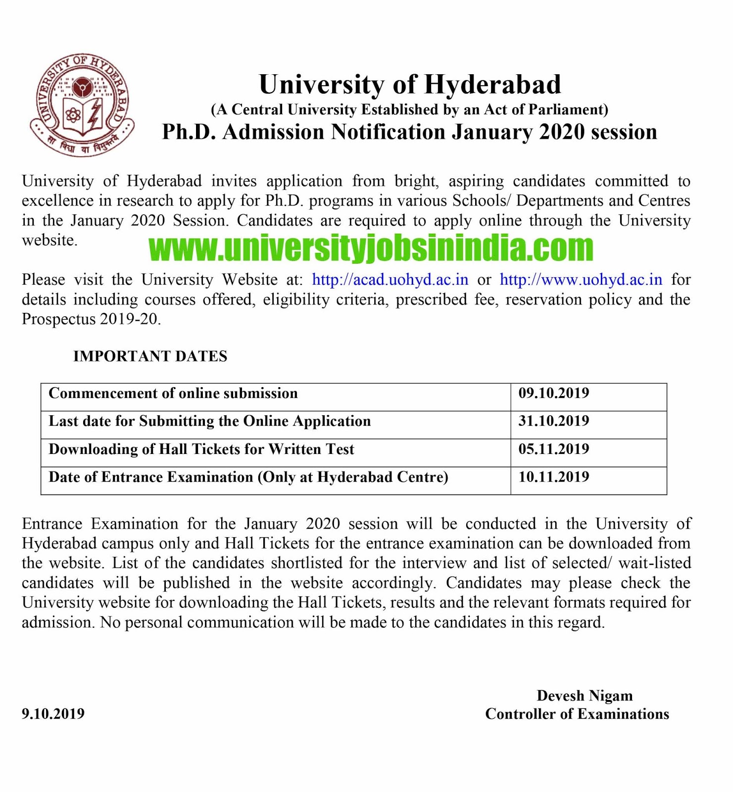 part time phd admission 2023 in hyderabad