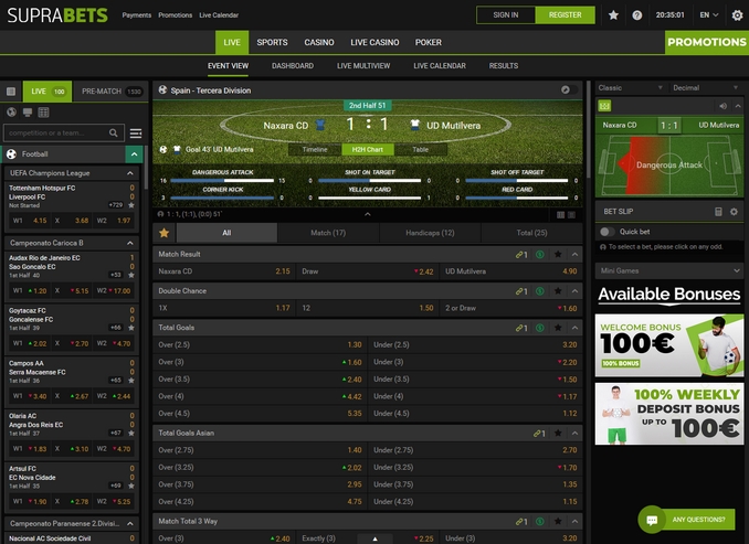 Suprabets Live Betting Screen