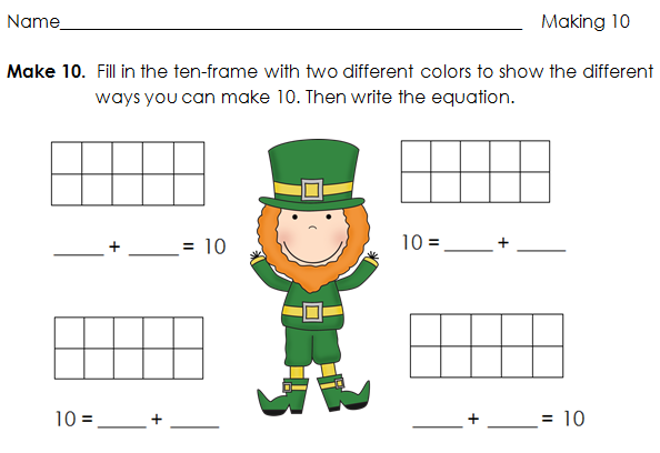 http://www.teacherspayteachers.com/Product/Making-10-St-Patricks-Day-Themed-Recording-Sheet-Ten-Frames-Equations-567732