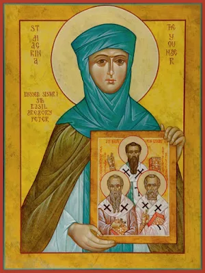 Εικ: Η αγία Μακρίνα κρατάει την εικόνα των αδελφών (και μαθητών) της αγίων Βασιλείου, Γρηγορίου και Πέτρου Σεβαστείας.