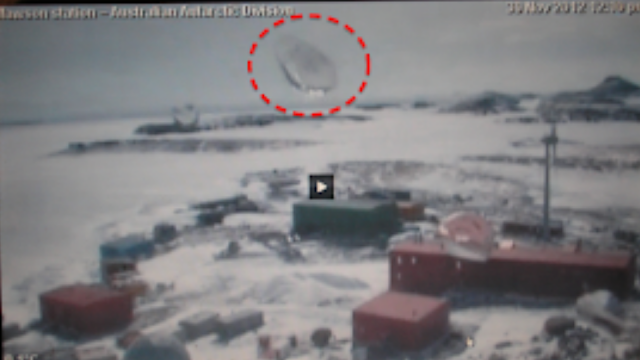 Screenshot of the UFO in the Antarctica Mawson Scientific Station video from a webcam.