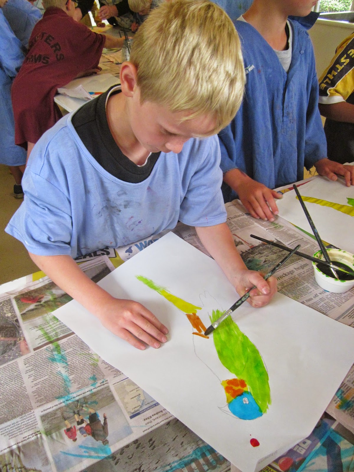 Time this year to paint a colourful parrot with a forest background we examined photos of parrots taking particular notice of the colours and patterns