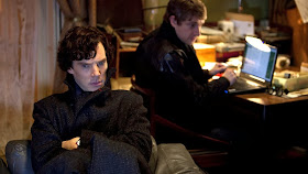 Benedict Cumberbatch and Martin Freeman as Sherlock Holmes and John Watson in 221 B Baker Street in The Great Game