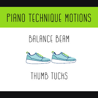 Teaching Piano Technique Motions Thumb Tuck with image of shoes on balance beam