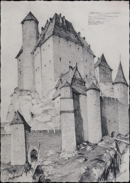 Zamek Mirów (rekonstrukcja oparta na wizji J. Gumowskiego z 1935 roku). zamek