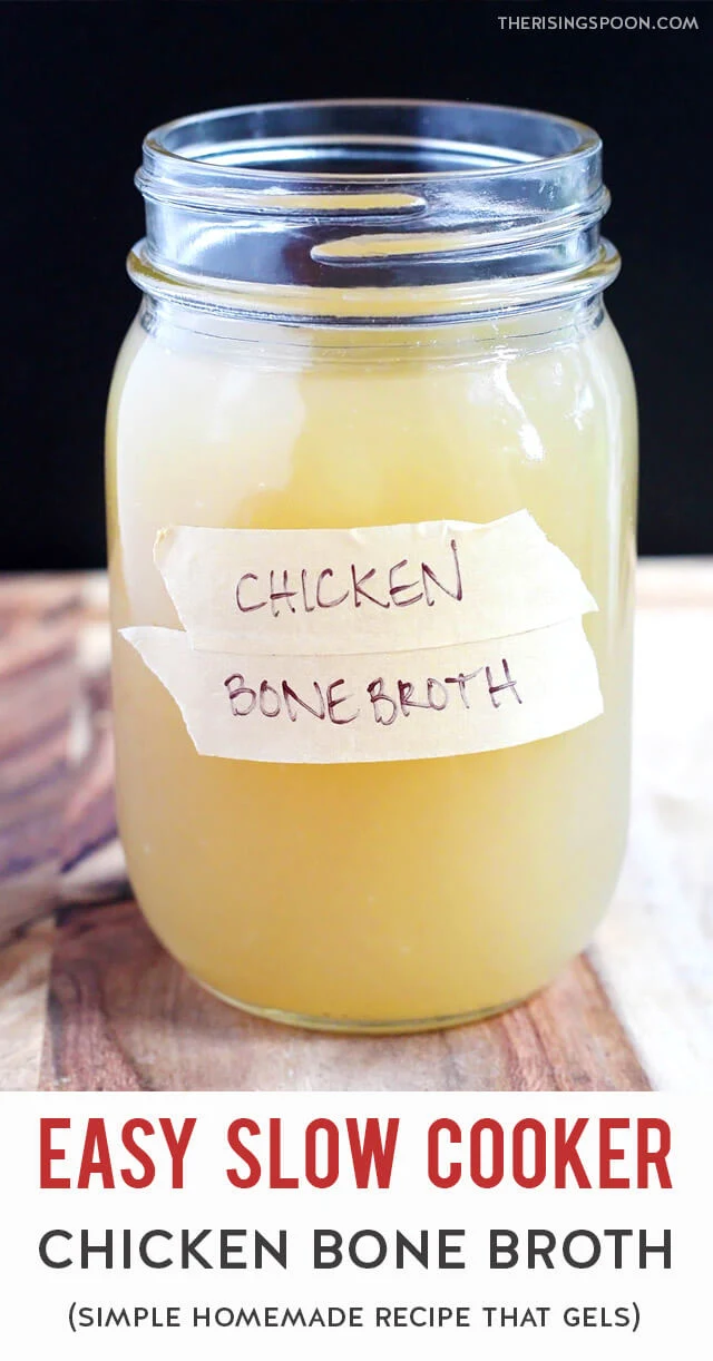 Elaina @ The Rising Spoon You saved to The Rising Spoon Posts Learn how to make a nutritious homemade chicken bone broth (that gels) in your slow cooker or crock pot. It's super easy! Every time you grab a rotisserie chicken from the store or roast a whole chicken (or turkey), save the carcass for making a batch of this inexpensive & healthy broth. Wondering how to use it? It makes the best base for soups, stews, rice, beans, sauces (gravy), side dishes (stuffing & mashed potatoes), casseroles, and more! (gluten-free, paleo & whole30 friendly)