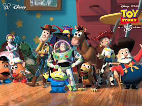 group shot of toys in Toy Story Toy Story 1995 animatedfilmreviews.filminspector.com