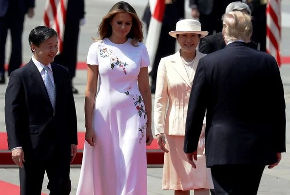 Crown Prince Akishino and Crown Princess Kiko. First Lady Melania Trump wore Carolina Herrera floral embroidered dress