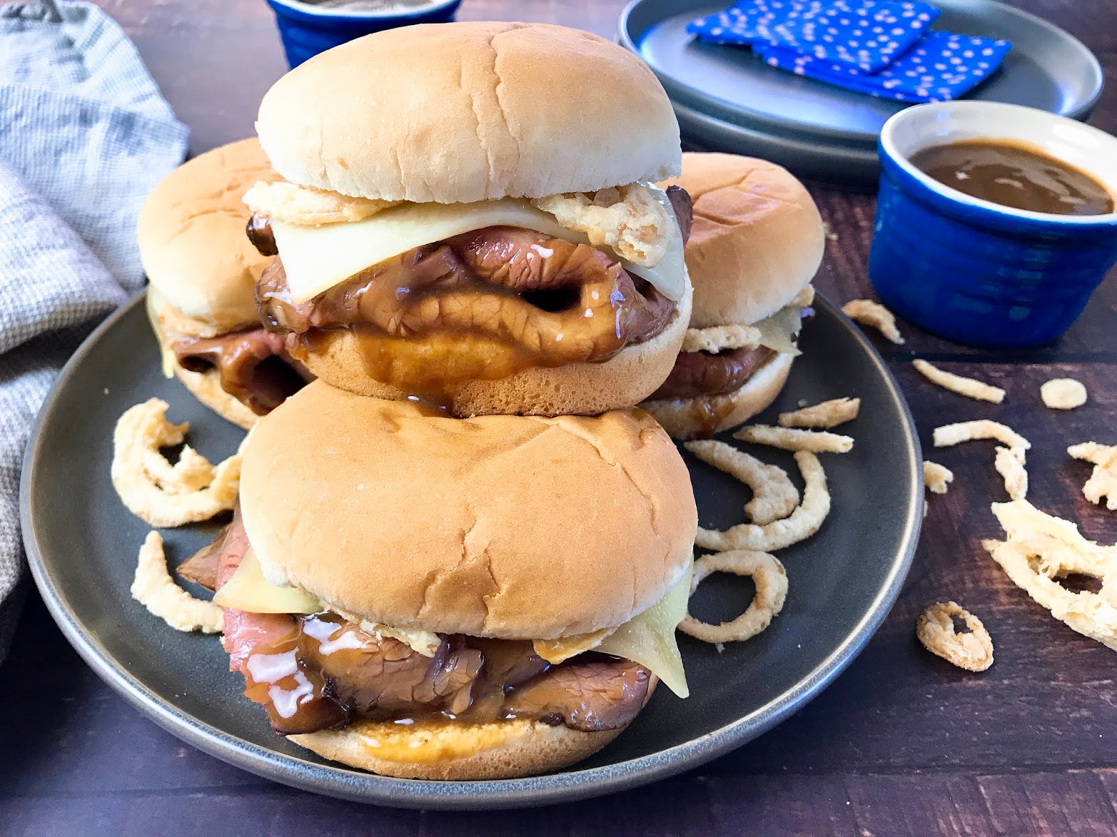 French Dip Sliders with Crispy Onions