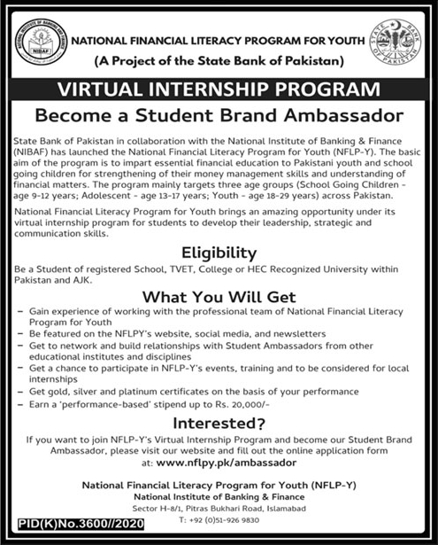 Virtual Internship Program for State Bank of Pakistan Student Brand Ambassador for National Financial Literacy Program for Youth in June 021