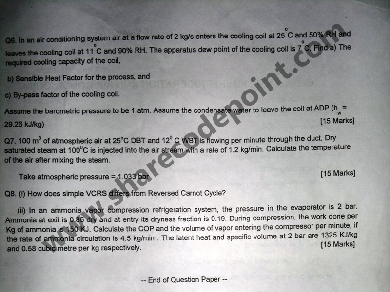 MEC303 Refrigeration And Air Conditions End Term Exam Question Paper