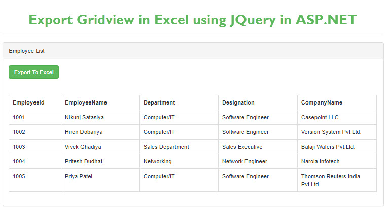 Export Gridview in Excel using JQuery in ASP.NET Web Forms