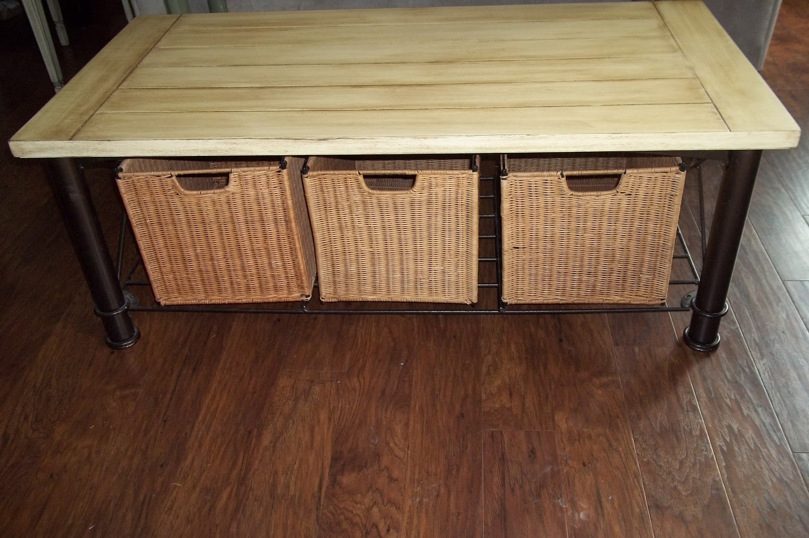 Refurbished Furniture Cream Coffee Table with wicker baskets