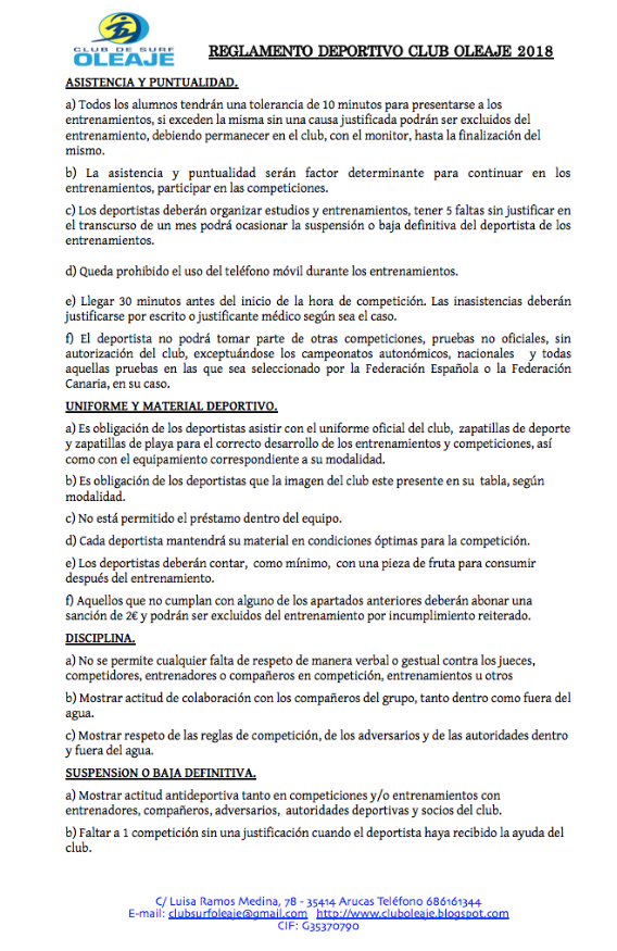 Club Deportivo de Surfing Oleaje REGLAMENTO DEPORTIVO 2018