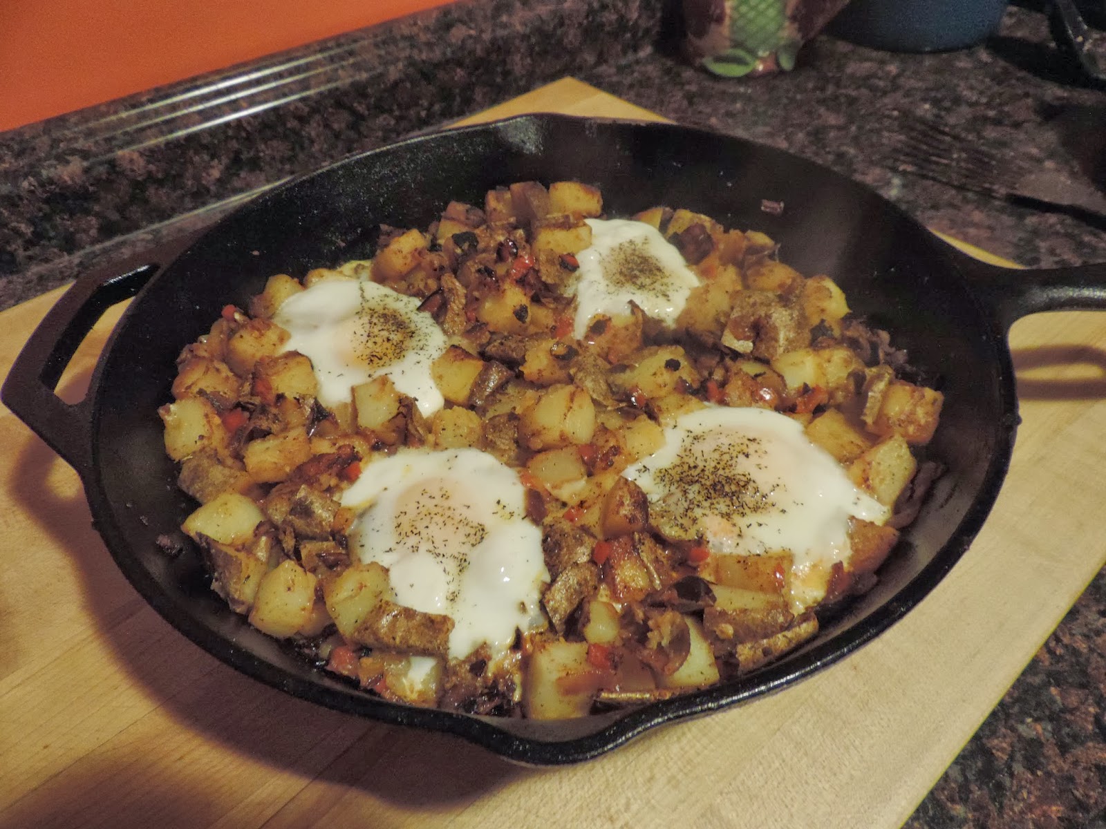 TexMex Skillet Potatoes with Well Eggs and Oven Bacon.... The