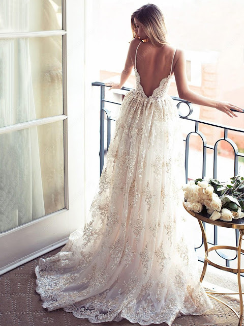 A-line V-neck Tulle Sweep Train with Appliques Lace Wedding Dresses
