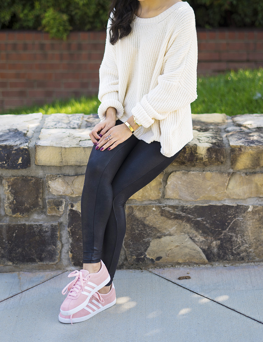pink adidas sneakers outfit