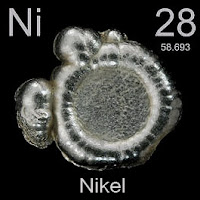 Nikel elementi üzerinde nikelin simgesi, atom numarası ve atom ağırlığı.