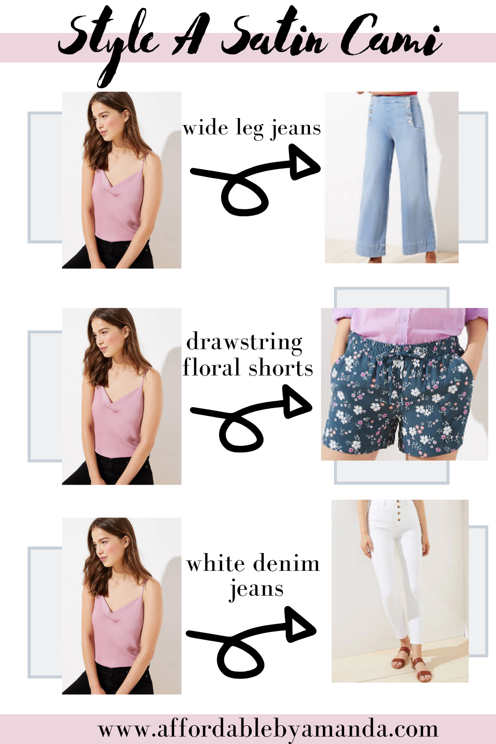 How to Style LOFT Draped Satin Cami 3 Ways. Affordable by Amanda Tampa Blogger shares her LOFT Summer New Arrivals Try-On Session. SUSTAINABLE STYLE SAILOR WIDE LEG CROP JEANS IN VIVID LIGHT INDIGO WASH. CREPE FLUID DRAWSTRING SHORTS. Modern High Waist Slim Pocket Skinny Jeans in White