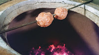 Cooking Shewered 2 Scotch Egg in iron Shewer for scotch eggs recipe