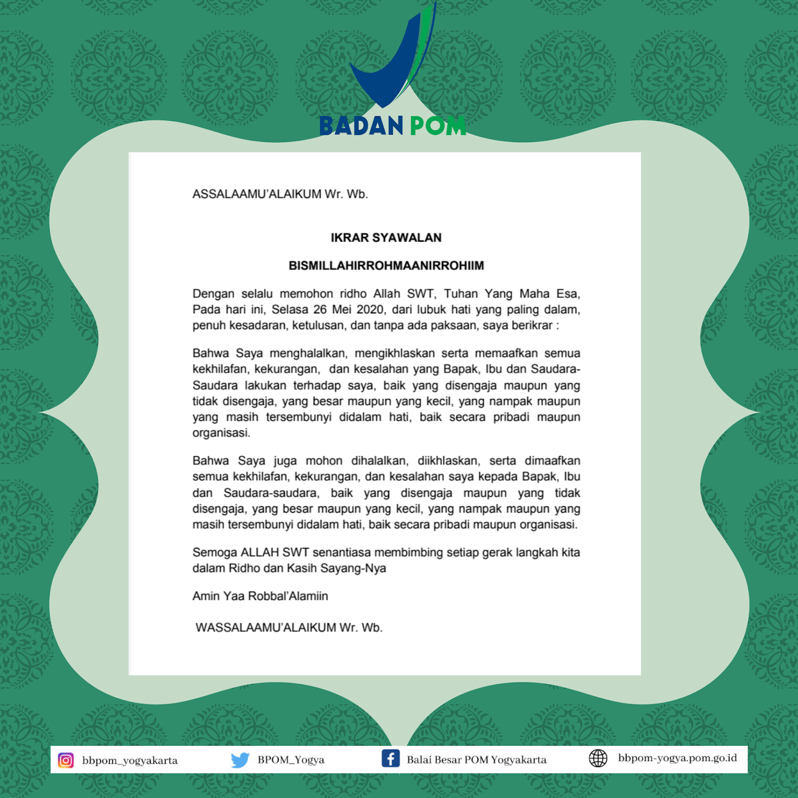 BBPOM di YOGYAKARTA Selamat Idul Fitri 1441 H