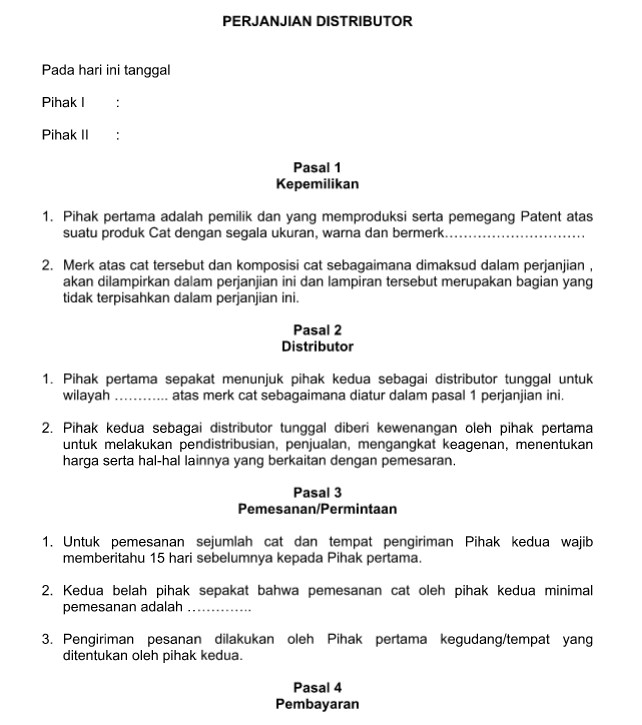 Contoh Surat Perjanjian Distributor Resmi Baik dan Benar Format Word