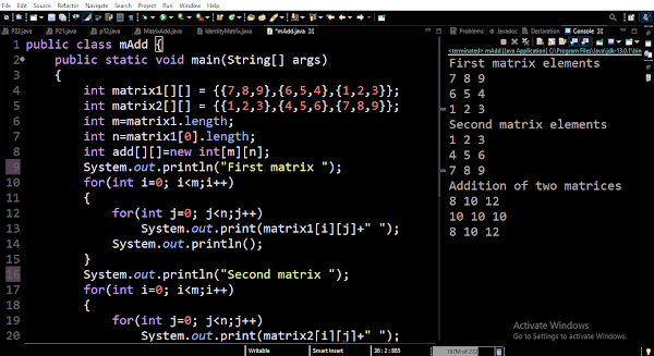 Basic Java Programs: Matrix Addition, Subtraction, Multiplication methods
