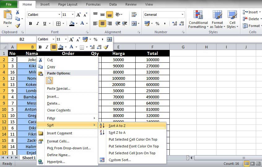 Contoh pengurutan data nama di Excel