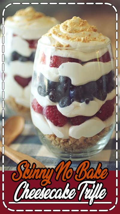 Whenever I'm in charge to bring dessert to a party or gathering, I automatically think to bring a trifle of some sort! They are the perfect party dessert, because they present beautifully, they are easy to make, and they are sure to please a large crowd! This no bake cheesecake trifle is one of my favorites to make in the summer because it is the season of fresh berries, and it is perfect for the Fourth of July! I hope you enjoy