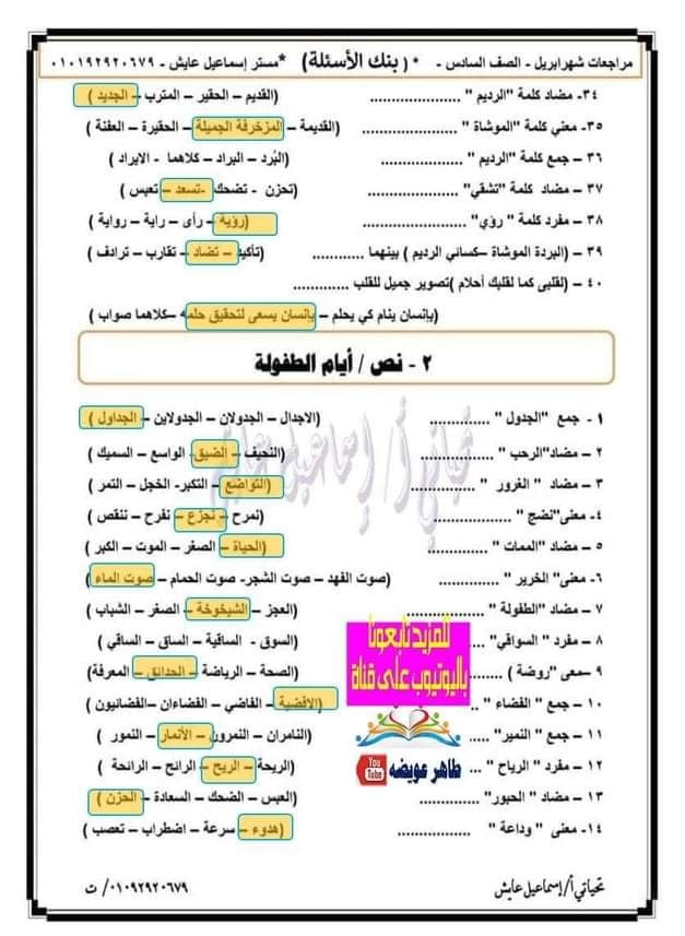 أقوى مراجعة لغة عربية للصف السادس الإبتدائى ترم ثانى 2021 (أهم اسئلة اختيار من متعدد)