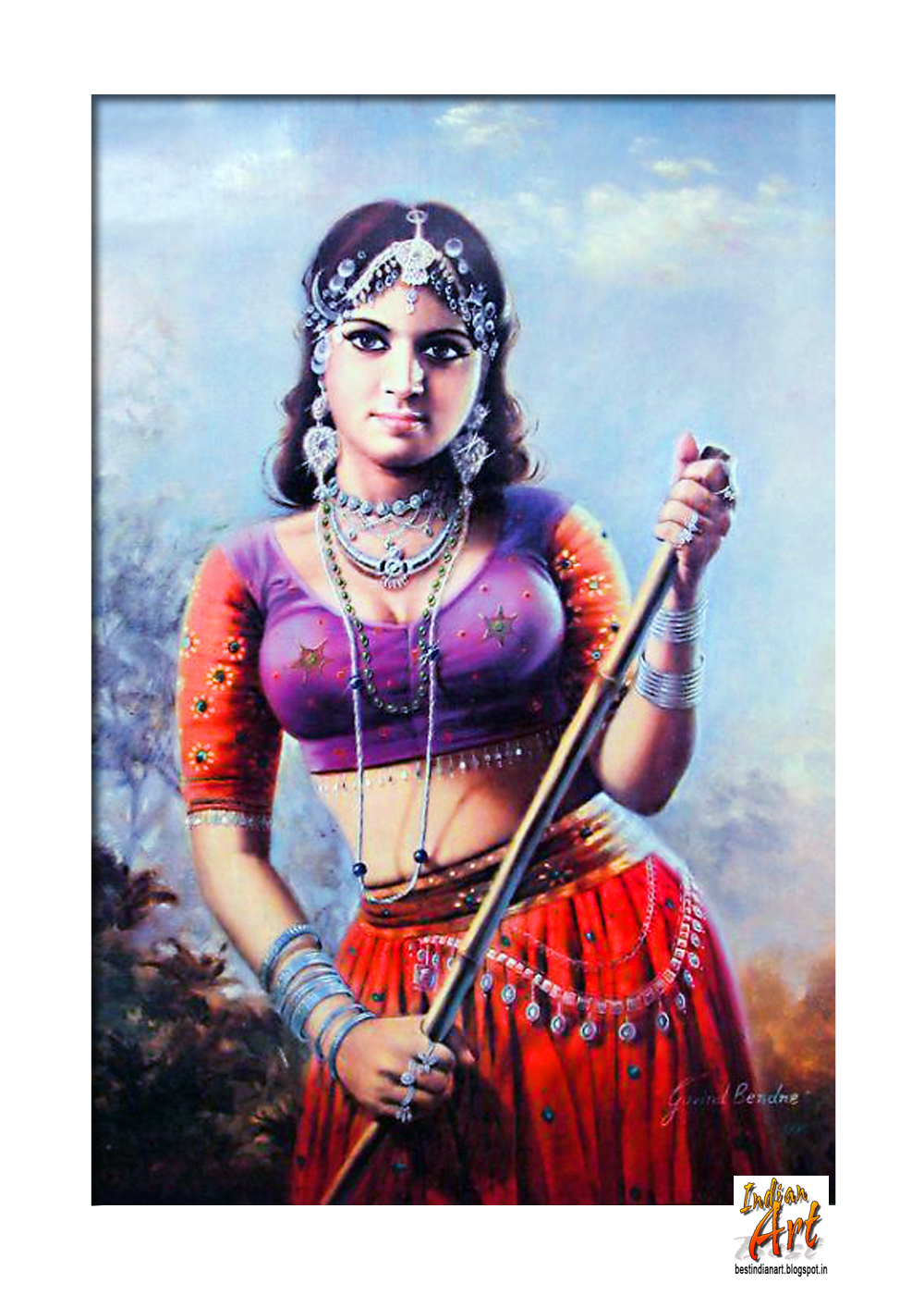 INDIAN VILLAGE GIRL IN HALF BLOUSE AND SKIRT BEAUTIFUL PAINTING