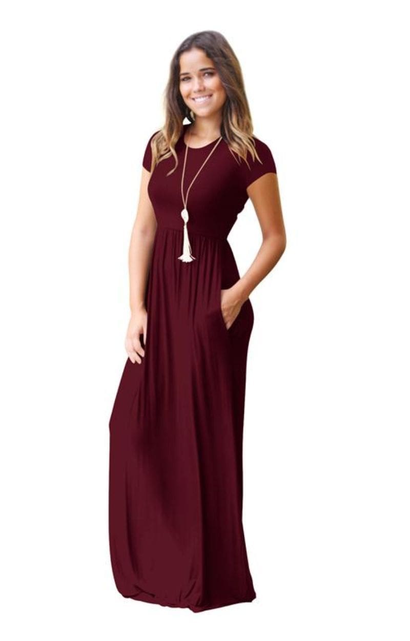 Women summer dress short sleeve o neck Solid Color Pocket Dress Casual Long Maxi Party Summer Beach Pocket dress 