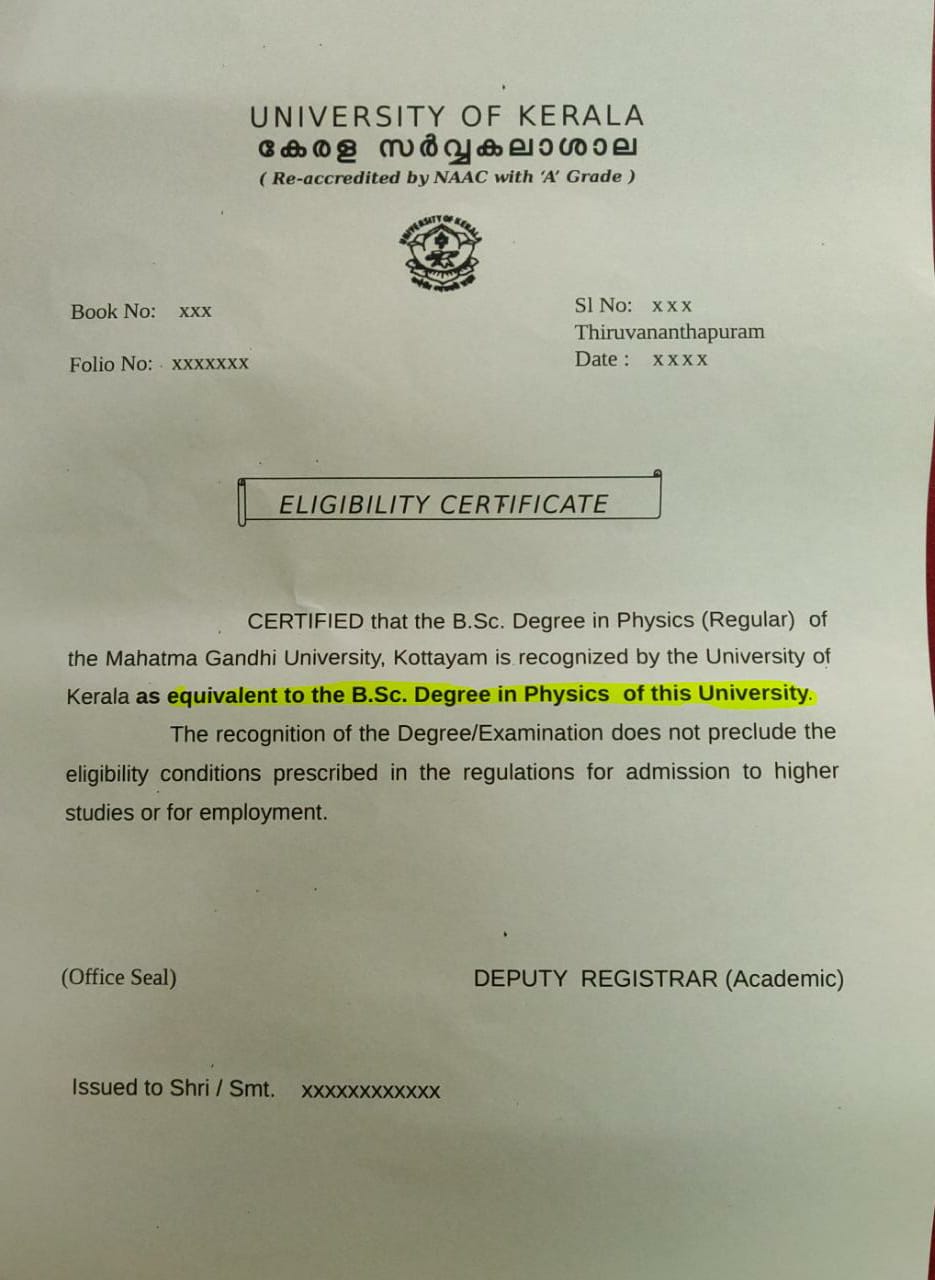 Eligibility Certificate Kerala University