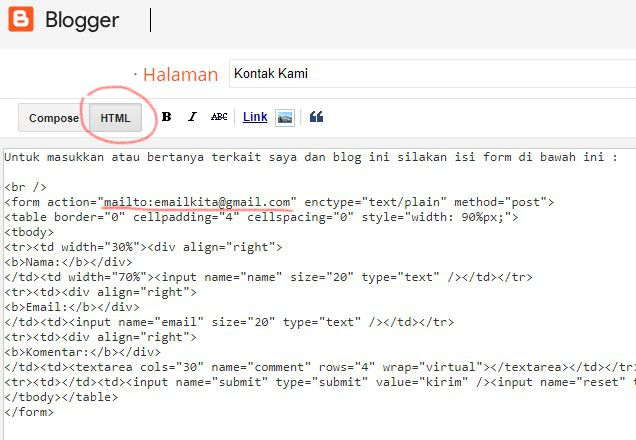 Copy Paste Kode Contact Us di Tab HTML