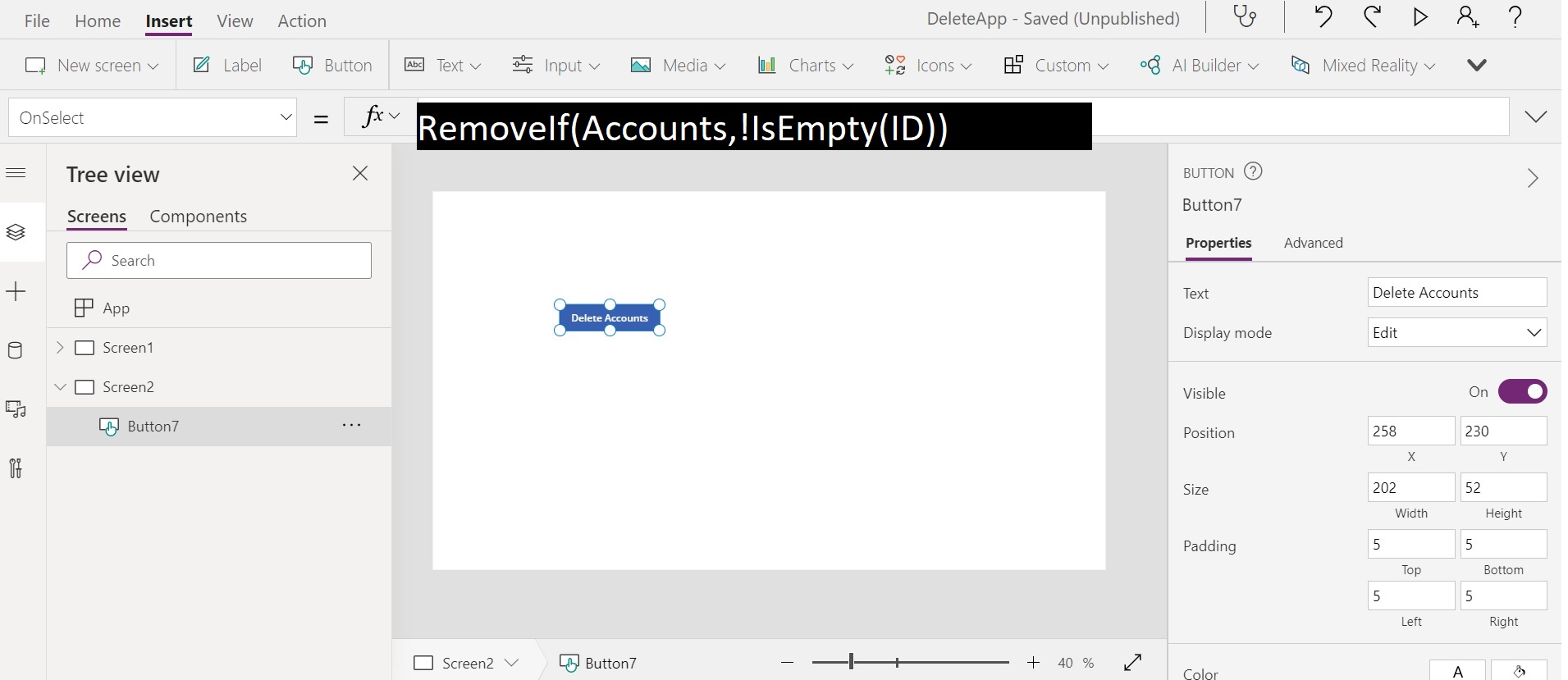 Deleting all data from a table on click of a button in PowerApps