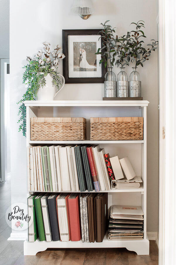 Updating a Tired Bookcase and Albums with Chalk Paint and Fabric DIY