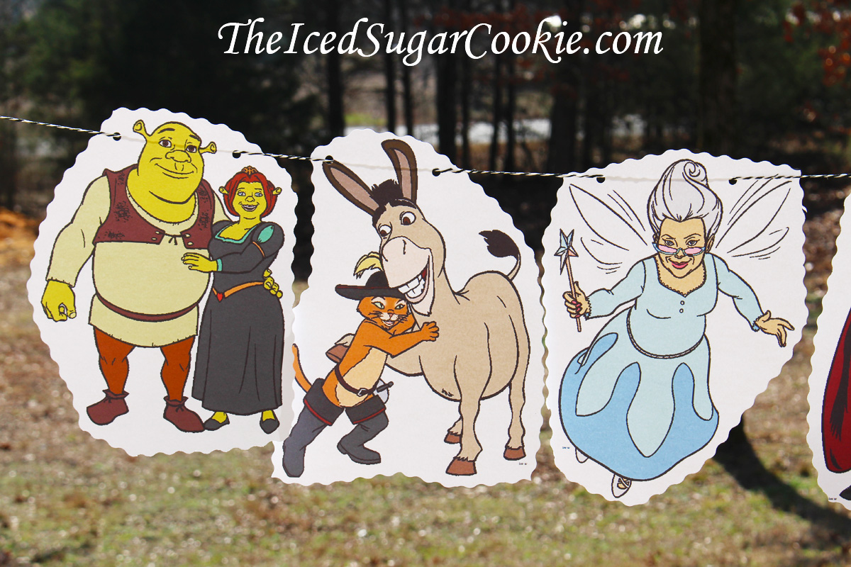 DIY Birthday Blog: Shrek Birthday Party Flag Bunting Banner Garland-Fiona,  Donkey, Puss In Boots, Fairy Godmother, Gingy Gingerbread Man, Lord Farquaad