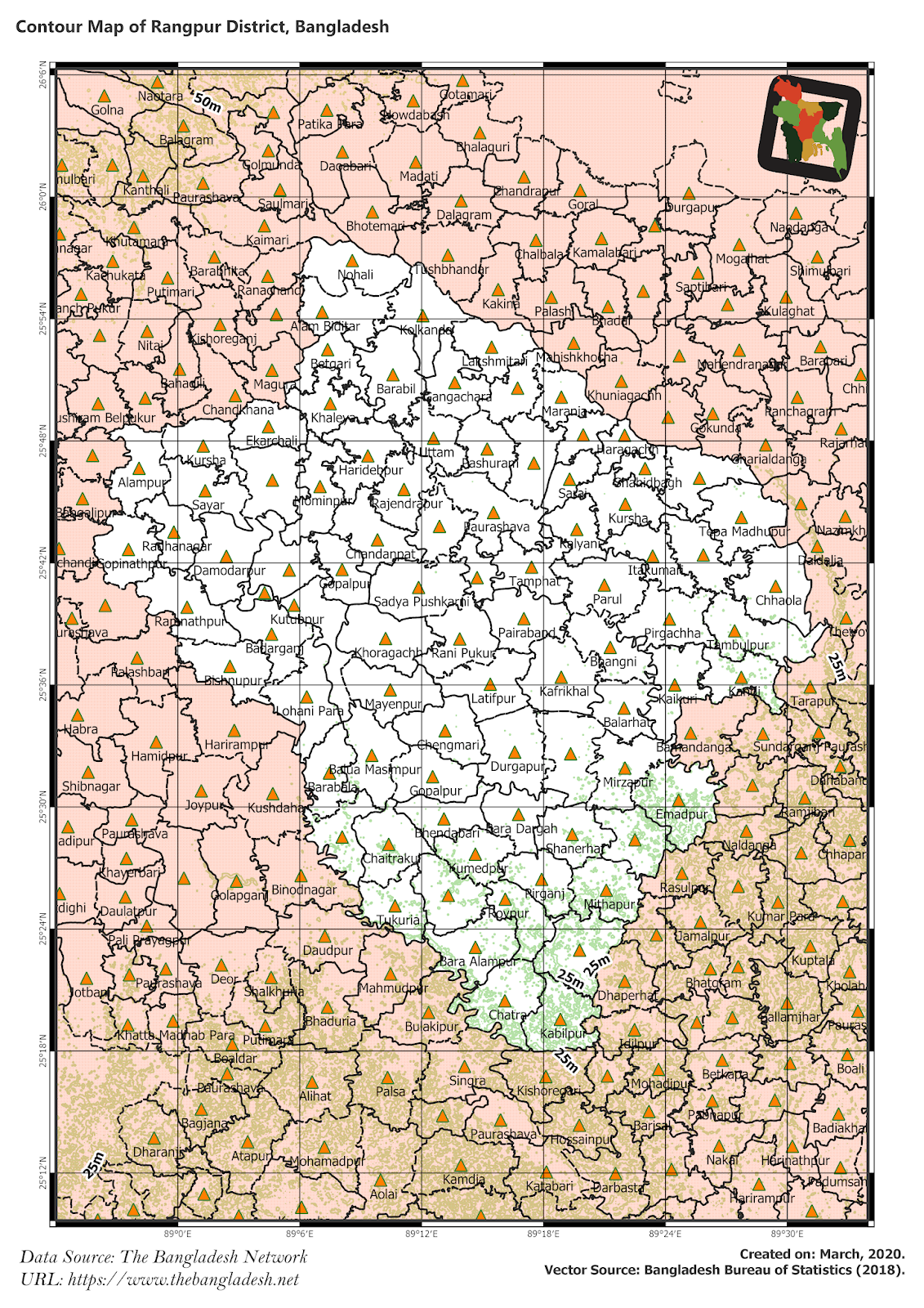 Elevation Map of Rangpur District of Bangladesh
