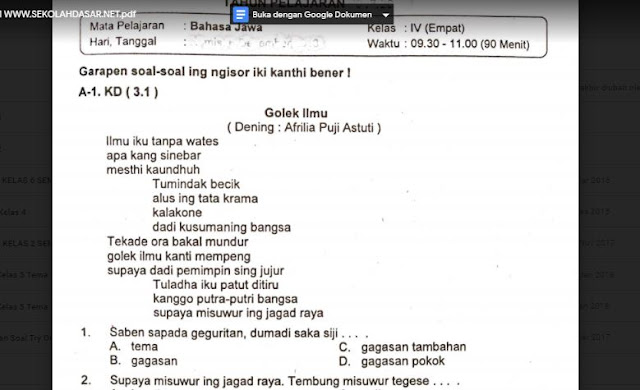 Soal Ulangan Bahasa Jawa Kelas 4 Semester 1 K 13 Http Sayeadorepelangi Blogspot Com