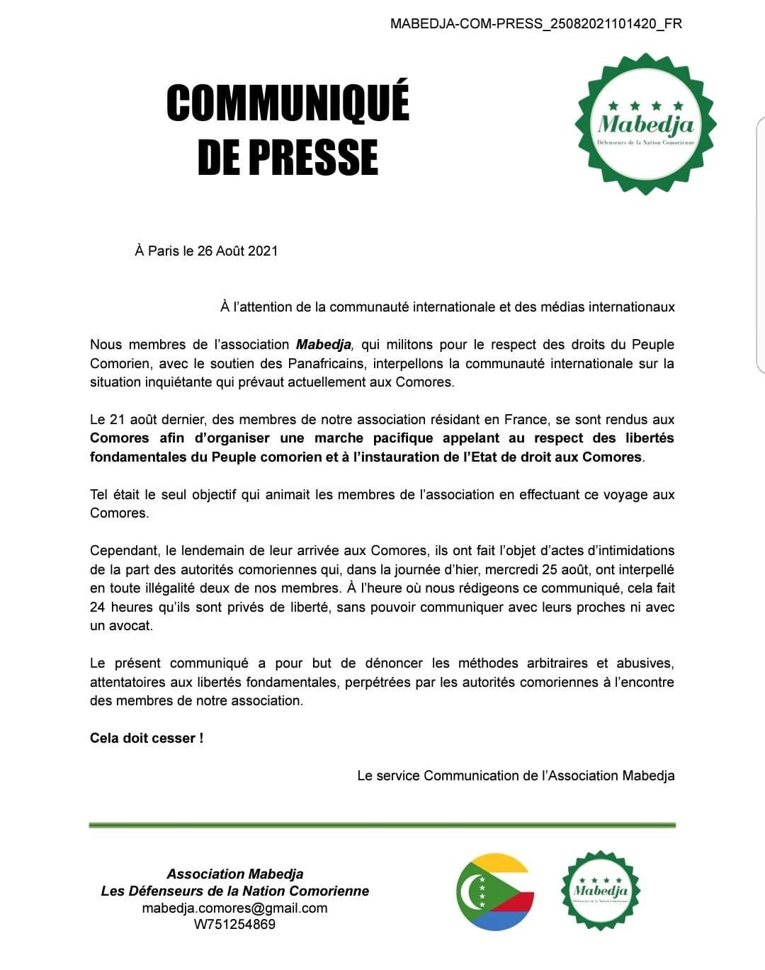 Mabedja interpelle la communauté internationale sur « la situation inquiétante aux Comores »