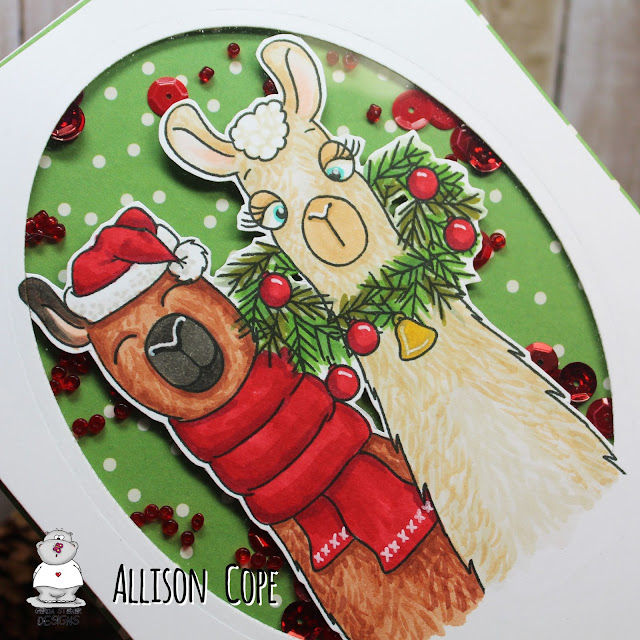Christmas Llama Shaker Card by Allison Cope featuring the digital stamp set "Fa-la-la-la-Llamas" by Gerda Steiner Designs. Copic Markers