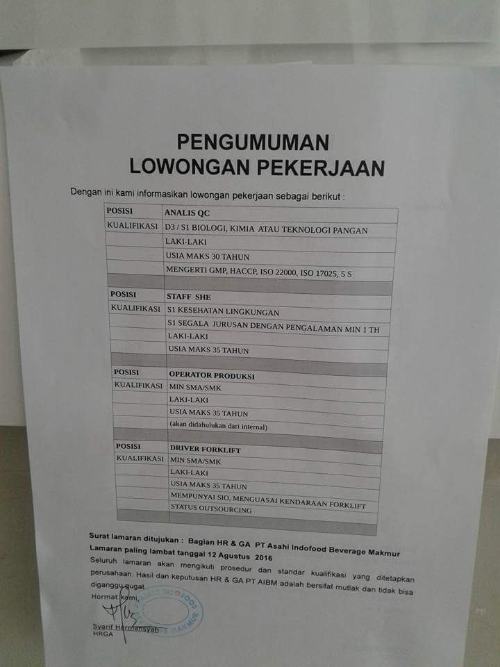 Loker Terbaru Sma Smk Lowongan Kerja Hari Ini Info Lowongan Lulusan Sma Smk Diploma Dan Sarjana Lowongan Kerja Pt Asahi Indofood Beverage Makmur