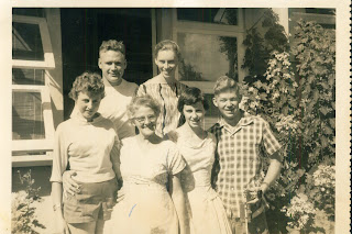 Front steps, bef 1960, Dad, Mum, Aunty Val, Grandma & unknown