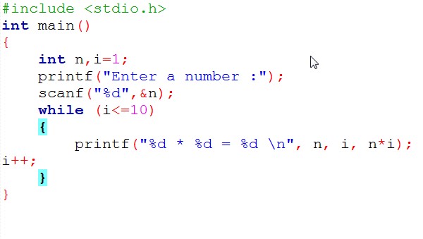 Program in C for multiplication table using while loop ~ Computer ...