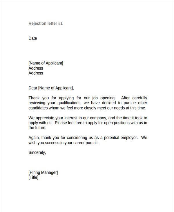 Job Application Refusal Letter Confirmation Letter