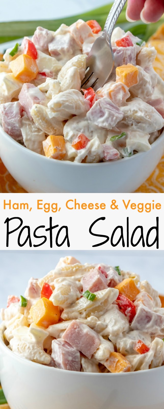 Perfect for any picnic, BBQ, potluck or event! This salad feeds a crowd and it's everyone's favorite! Great for using leftover Christmas or Easter Ham and hard boiled eggs!  Ham, Egg, Cheese and Veggie Pasta Salad Recipe