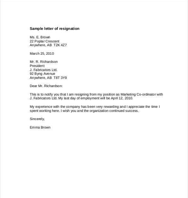 30 Day Resignation Letter Template